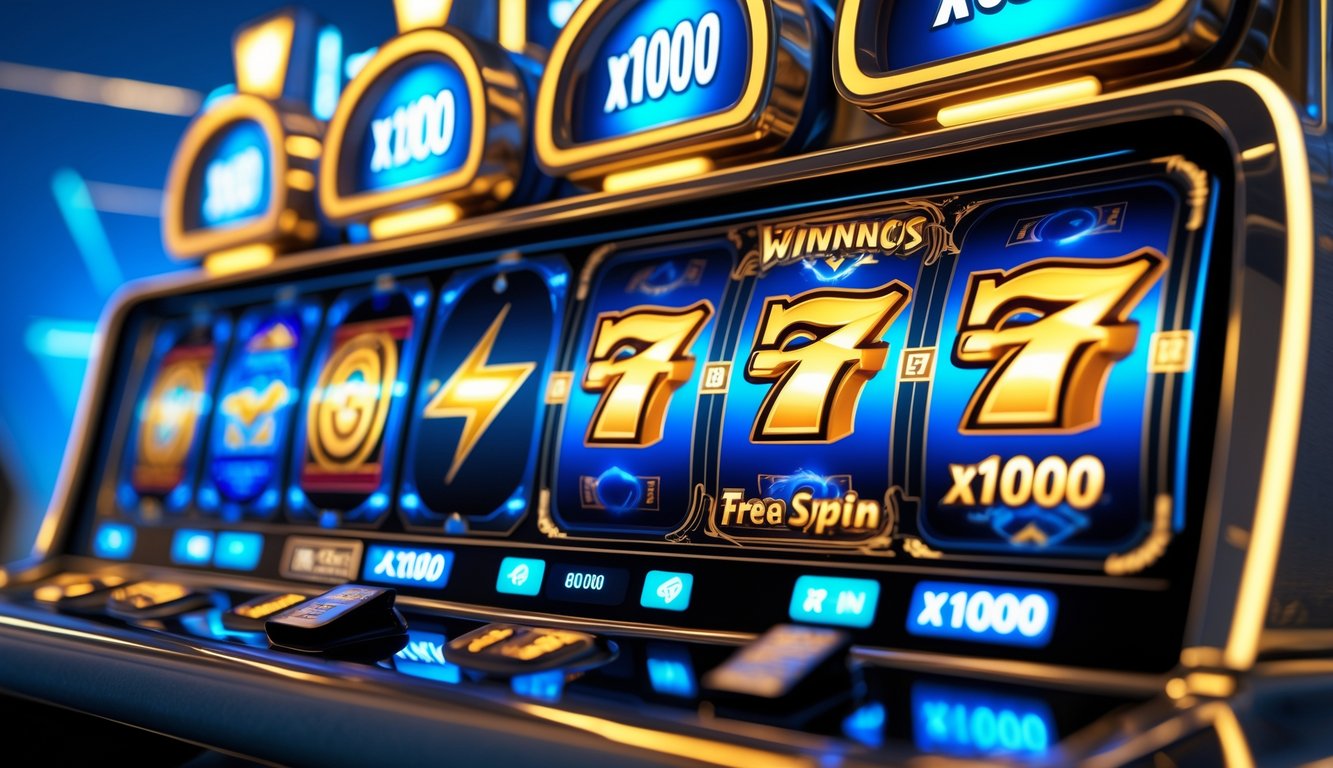 Mesin slot bertema Zeus dengan simbol petir dan fitur putaran gratis, menampilkan suasana kasino yang cerah dan menarik.