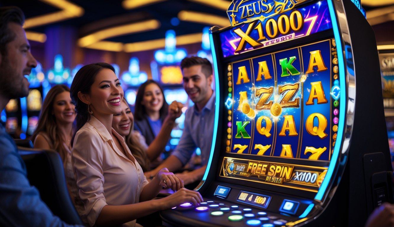 Seorang pemain antusias bermain mesin slot Zeus x1000 di kasino dengan latar belakang suasana kasino yang hidup.