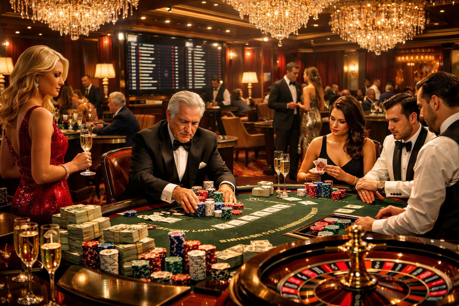 A Luxurious Casino Scene Showing WellDressed Players At Gaming Tables With Stacks Of Chips And A Digital Leaderboard In The Background.