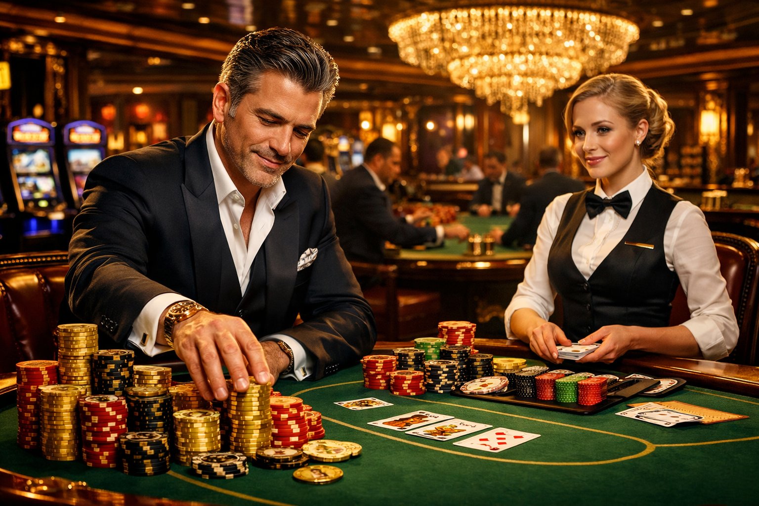 A High Roller Player Placing A Large Bet At An Elegant Casino Table Surrounded By Chips And Casino Tokens In A Luxurious Casino Setting.