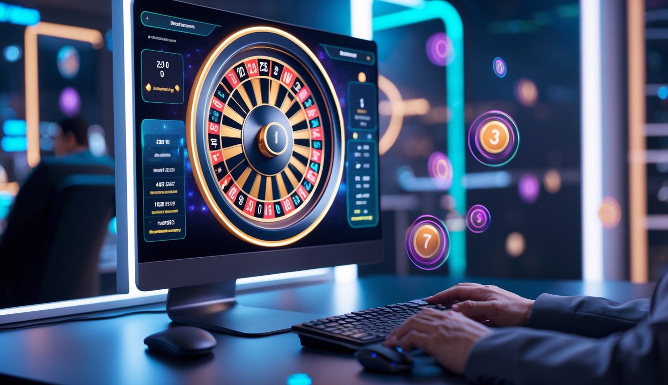 Seseorang sedang bermain roulette online dengan tampilan roda roulette digital dan angka multiplier yang bersinar di layar komputer.