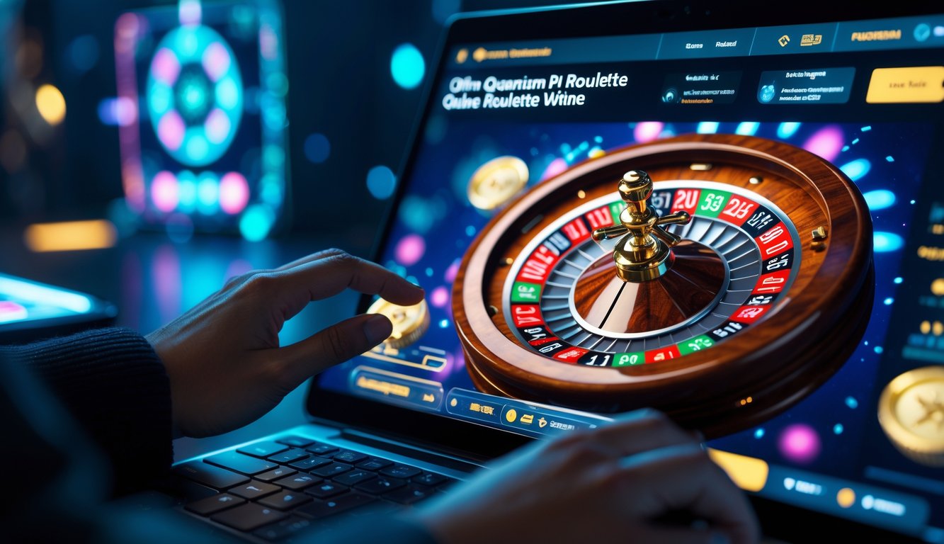 Tampilan dekat layar komputer dengan permainan quantum roulette digital dan tangan seseorang yang sedang berinteraksi dengan layar sentuh.