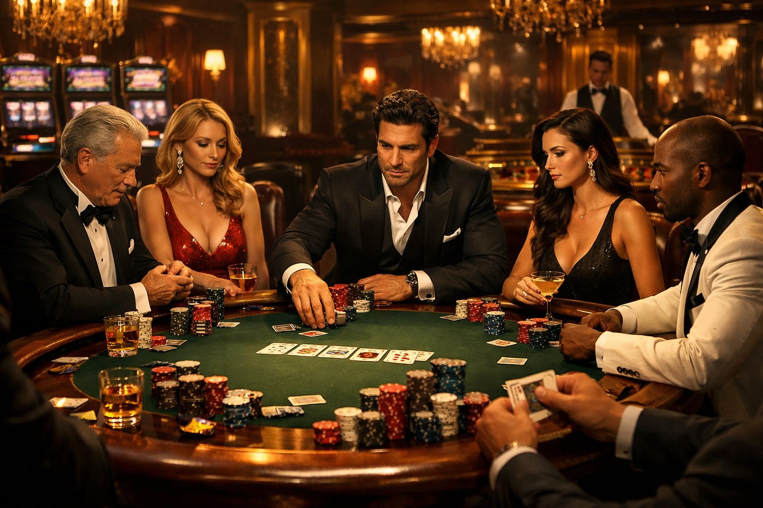 A Luxurious Casino Scene Showing A Group Of WellDressed People Playing Poker Around A HighStakes Table With Slot Machines And A Roulette Wheel In The Background.