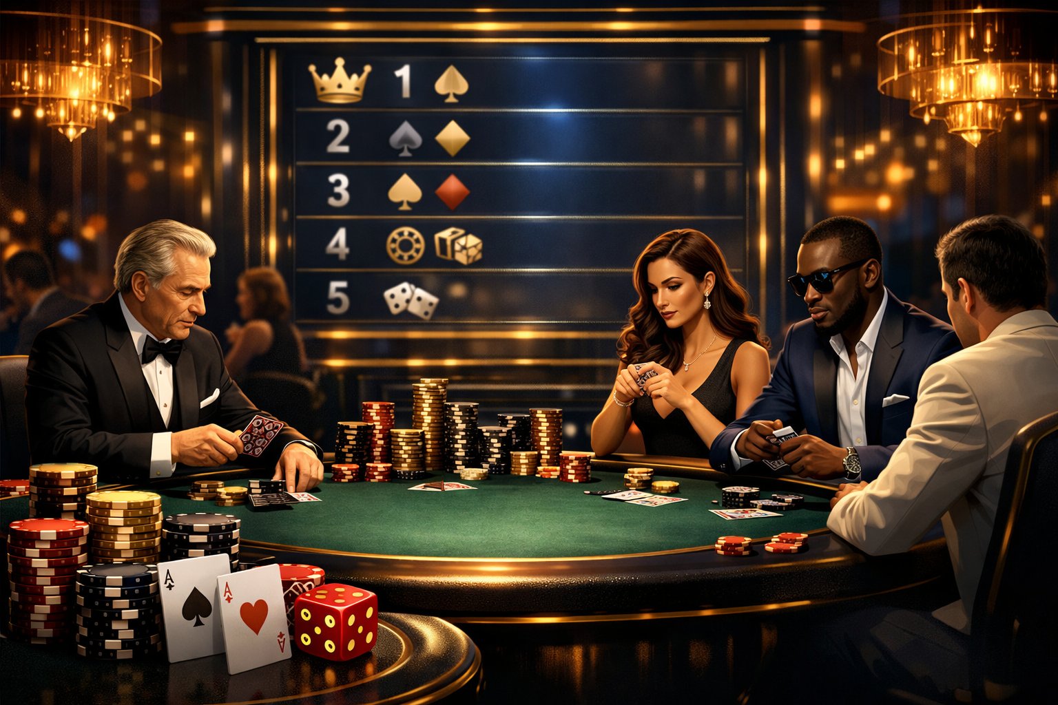 A Casino Scene Showing HighStakes Players Around A Poker Table With Chips And Cards, And A Digital Leaderboard Displaying Rankings In The Background.