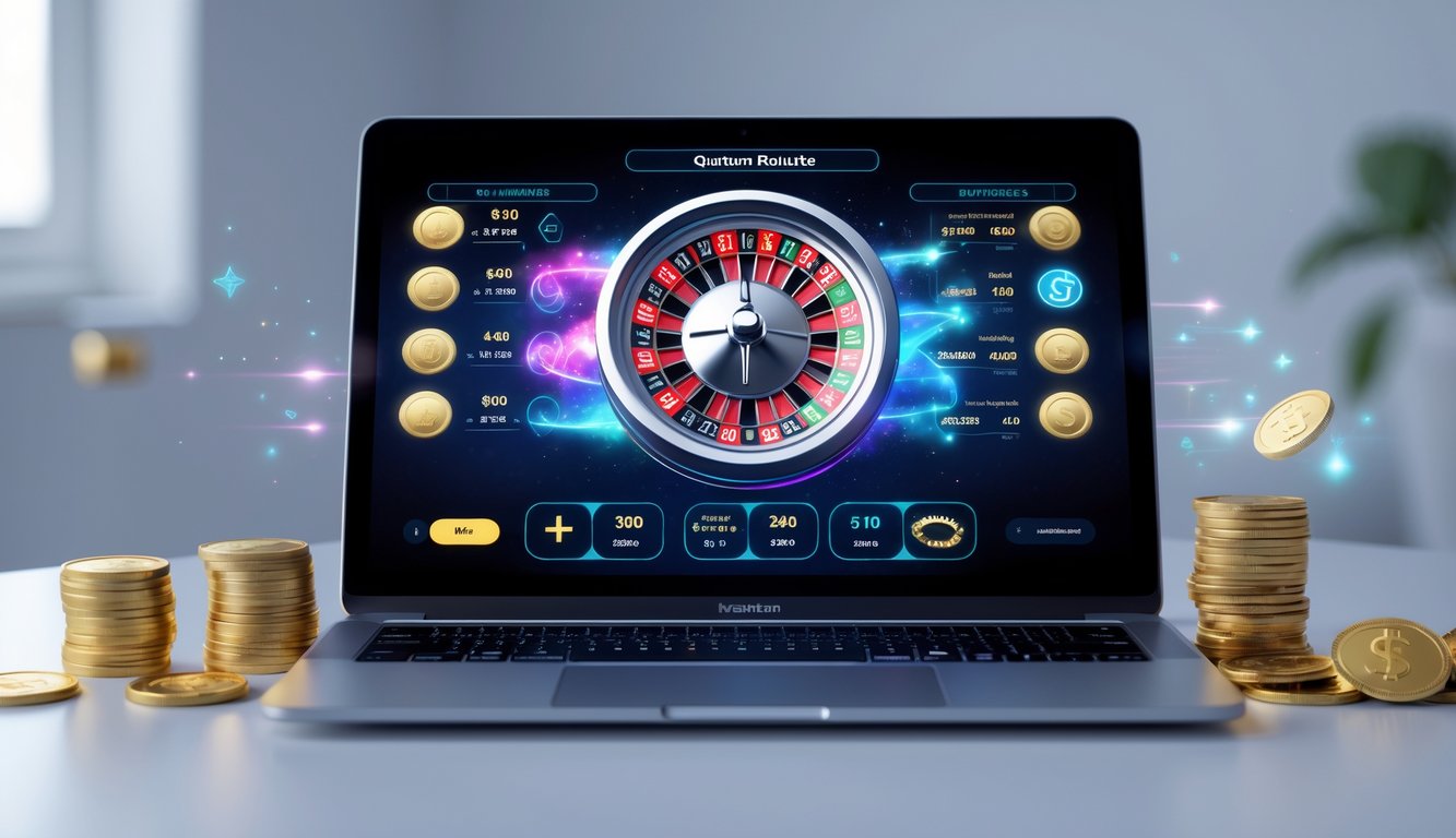 Layar laptop menampilkan permainan roulette quantum online dengan roda roulette berputar dan simbol bonus di sekitar meja.
