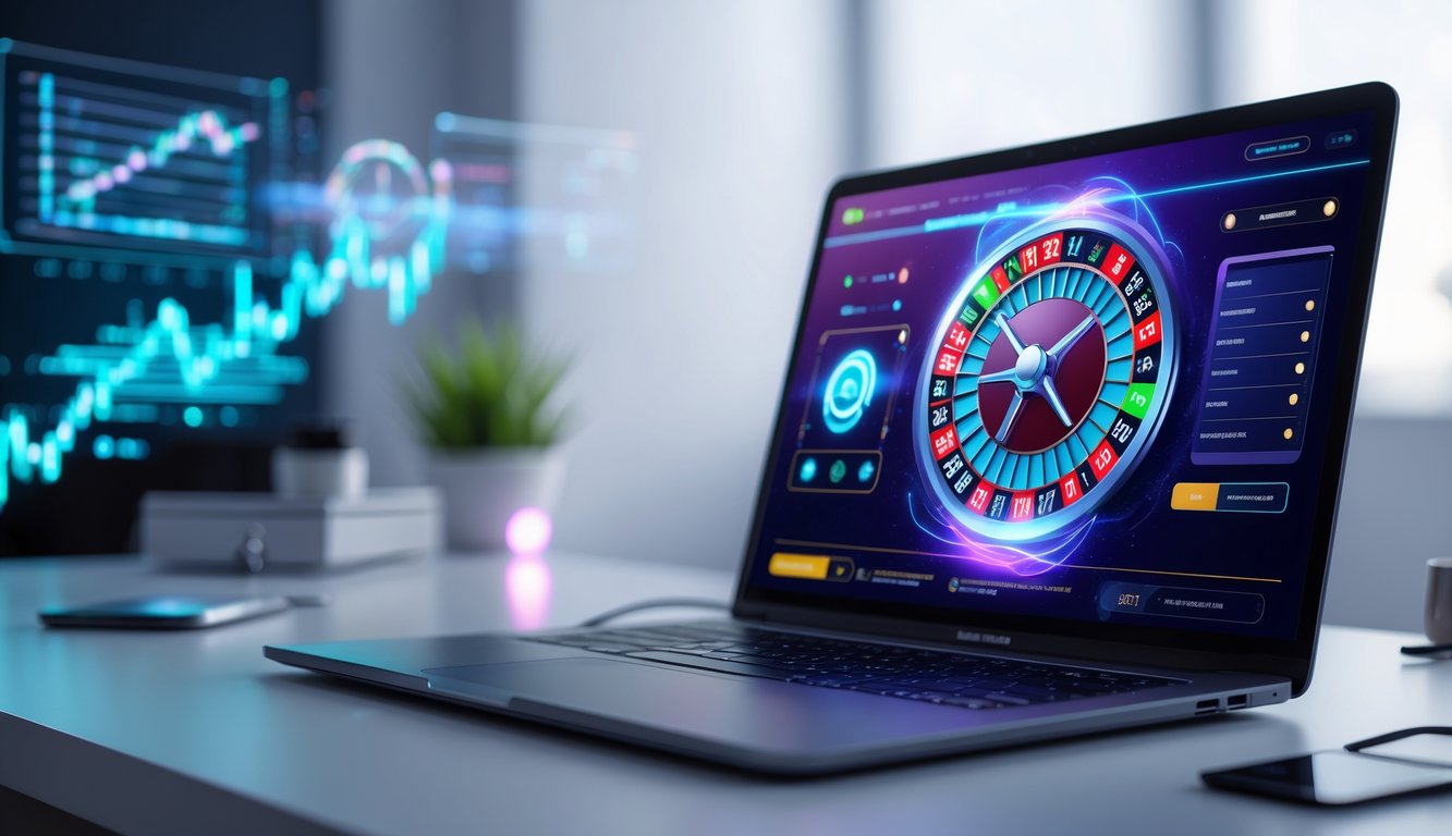 Sebuah laptop modern menampilkan permainan quantum roulette online dengan roda roulette berkilau dan efek digital, di atas meja minimalis dengan pencahayaan lembut.