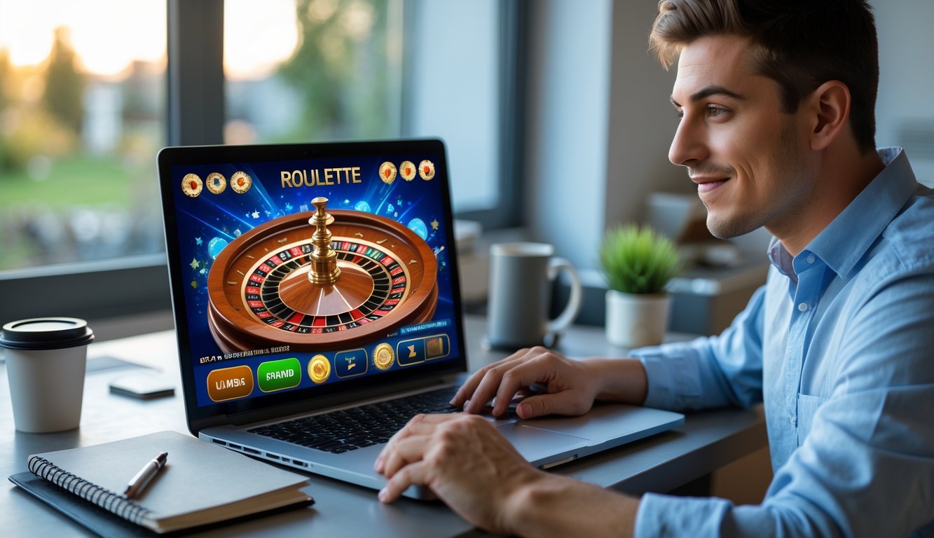 Seorang pria muda duduk di meja dengan laptop, fokus pada permainan roulette online di layar, di ruangan rumah yang terang dan nyaman.