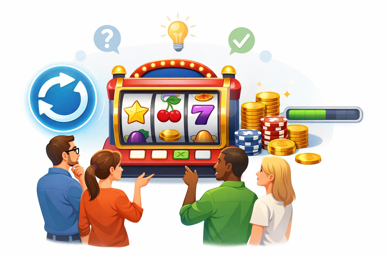 A Slot Machine With Spinning Reels Surrounded By Symbols Representing Free Spins And Rewards, With People Watching And Learning About The Feature.
