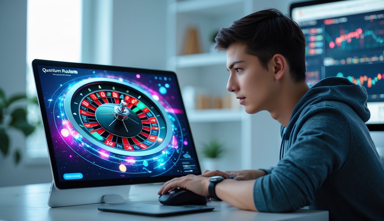 Seorang pemuda sedang bermain roulette online dengan tampilan roda roulette digital futuristik di layar komputer di ruang kerja yang rapi.