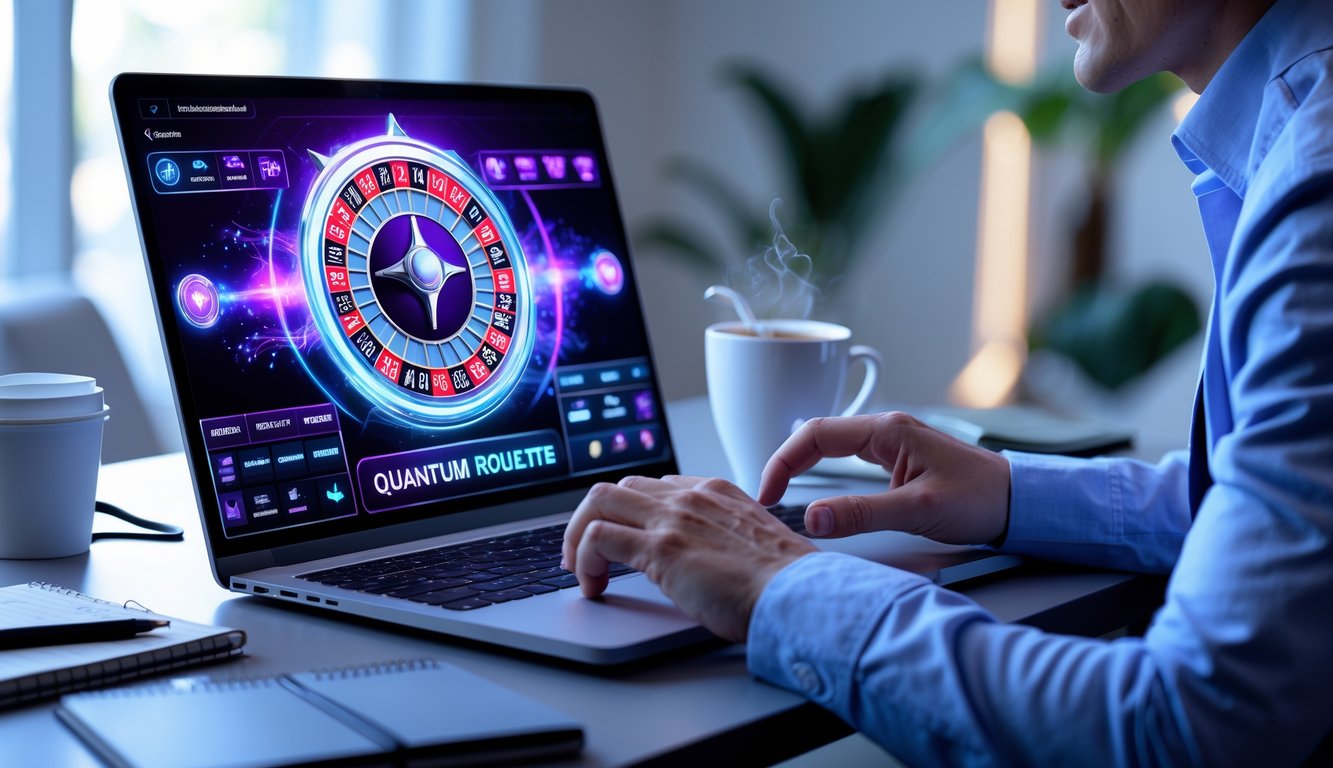 Seseorang bermain quantum roulette online di depan komputer dengan suasana fokus dan penuh semangat di ruang kerja yang rapi.