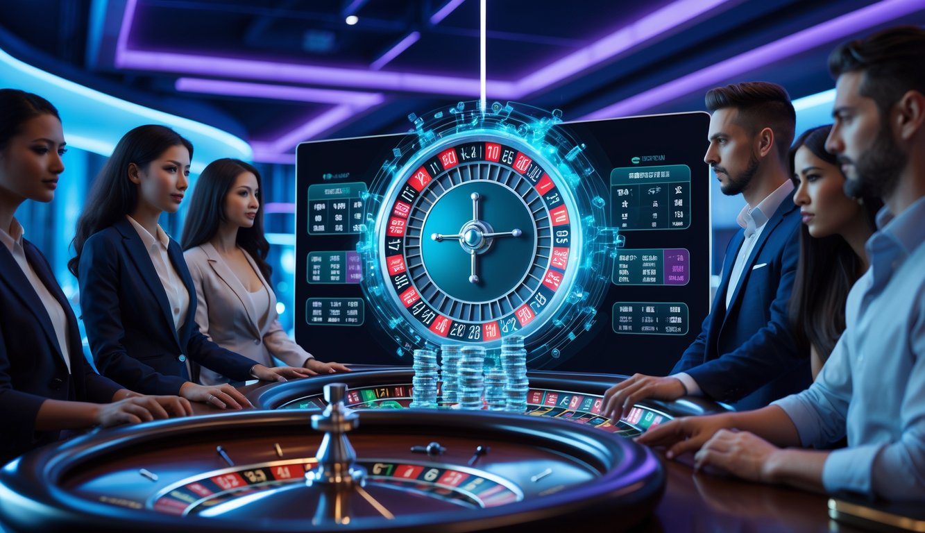 Beberapa pemain fokus bermain roulette online dengan latar belakang kasino digital modern dan efek cahaya futuristik.