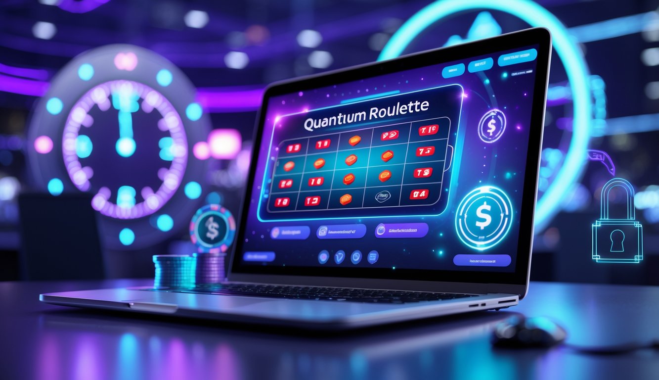 Tampilan antarmuka permainan quantum roulette online di layar laptop dengan latar belakang elemen digital dan simbol keuangan yang menunjukkan kepercayaan dan layanan 24 jam.