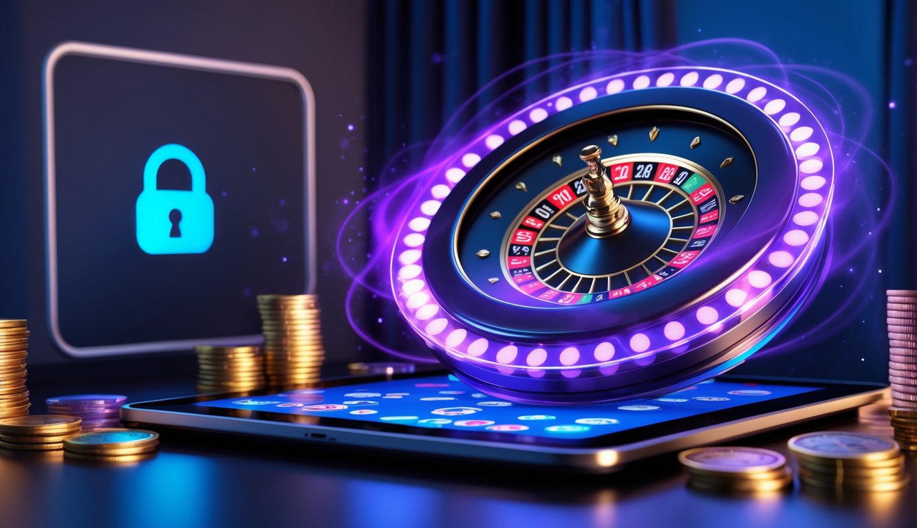 Sebuah meja dengan perangkat digital yang menampilkan roda roulette online yang berputar dengan lampu neon biru dan ungu, dikelilingi oleh koin emas dan tumpukan chip di ruangan yang remang-remang.