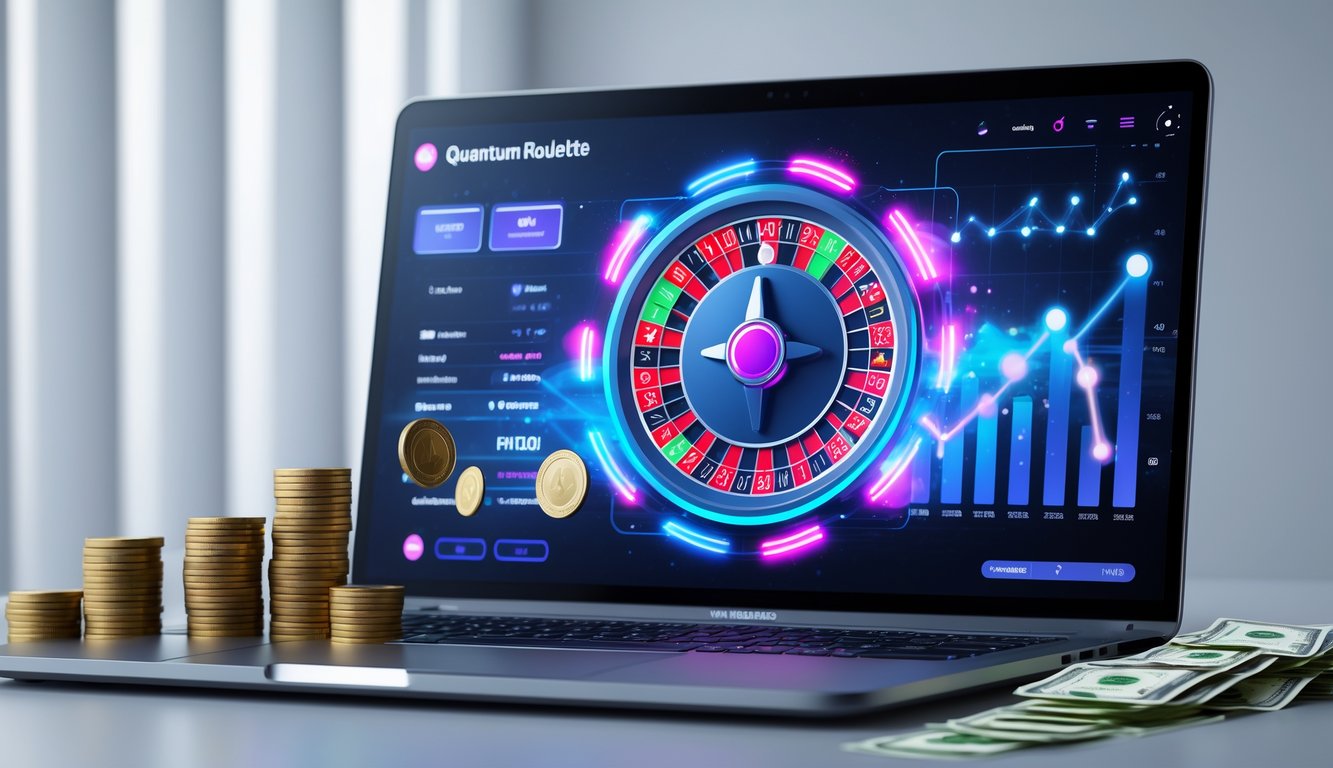 Sebuah laptop menampilkan permainan quantum roulette dengan tumpukan koin dan grafik keuangan di meja.