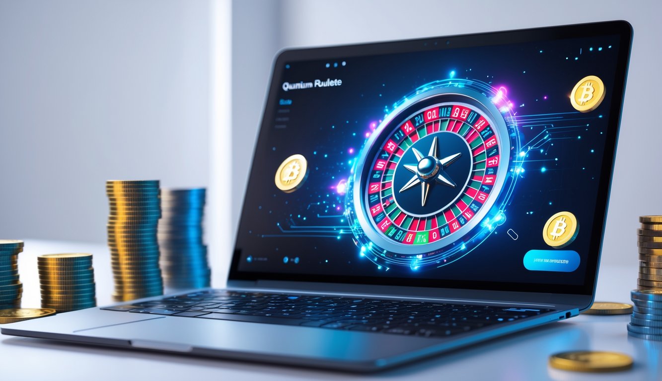 Layar komputer menampilkan permainan quantum roulette online dengan roda roulette berwarna cerah dan elemen digital futuristik, dikelilingi oleh tumpukan koin dan ikon mata uang digital.
