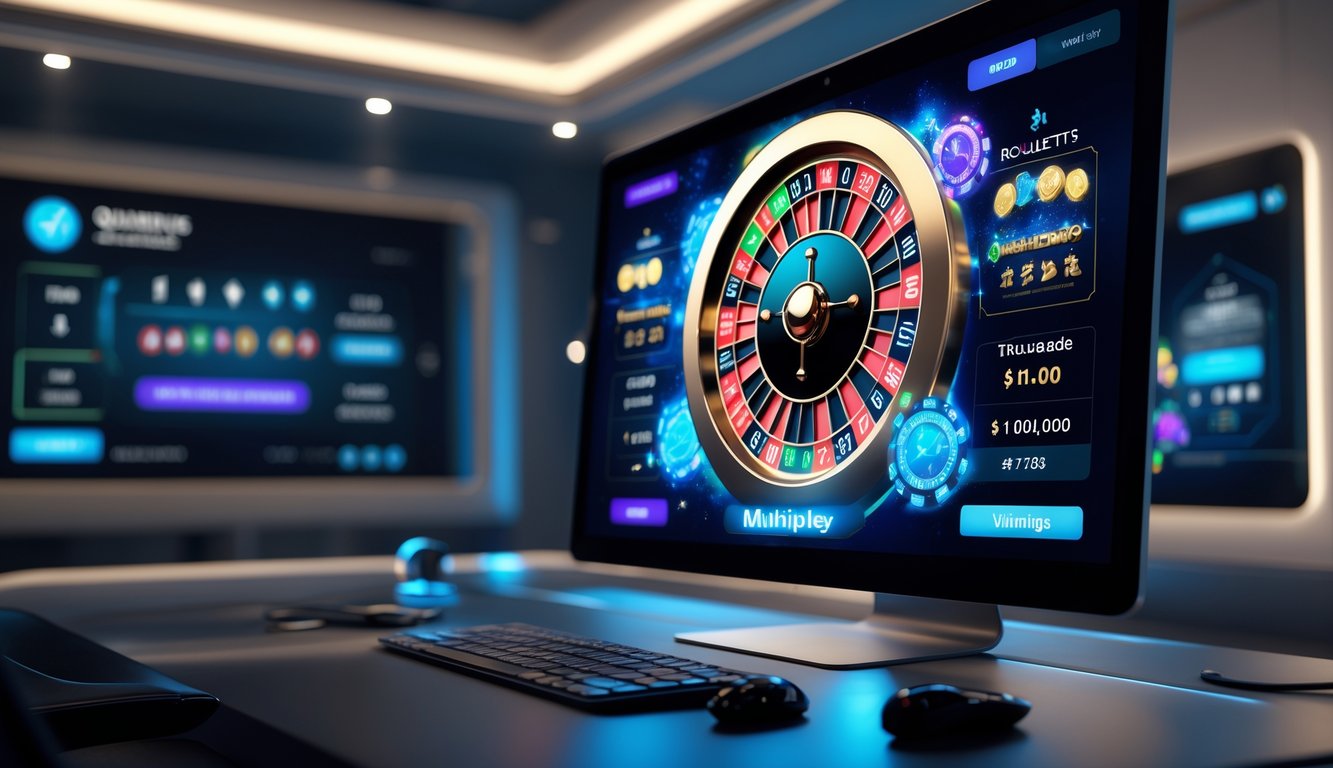 Layar komputer menampilkan permainan quantum roulette online dengan efek visual berwarna cerah dan ikon multiplier yang menunjukkan kemenangan besar.