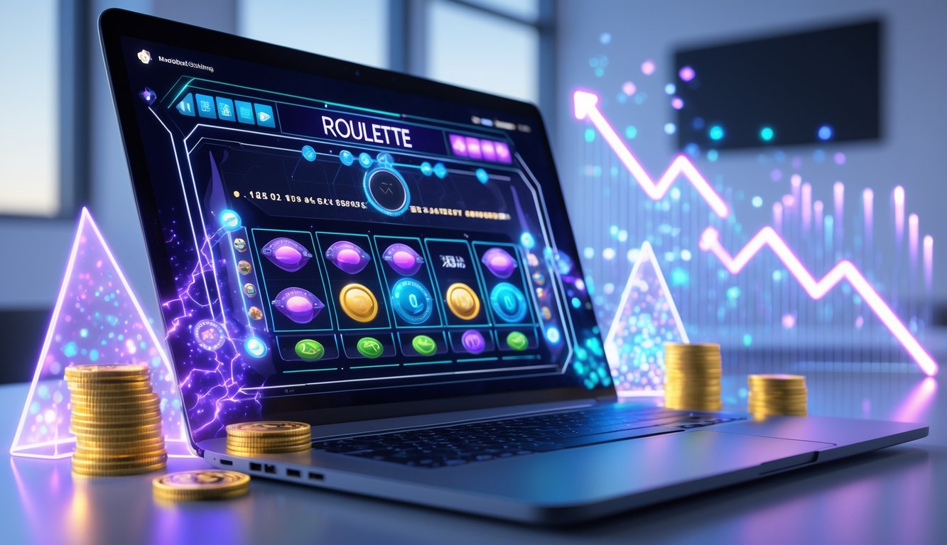 Layar laptop menampilkan permainan quantum roulette online dengan elemen digital yang menunjukkan pengganda dan kemenangan besar, di atas meja kerja modern.