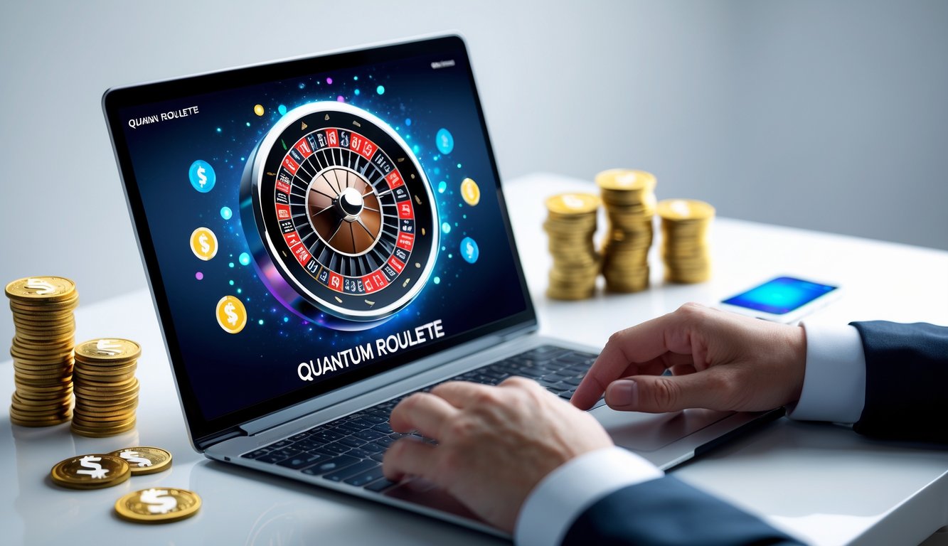 Seseorang menggunakan komputer dan ponsel untuk bermain roulette online dengan latar belakang roda roulette dan simbol uang digital.