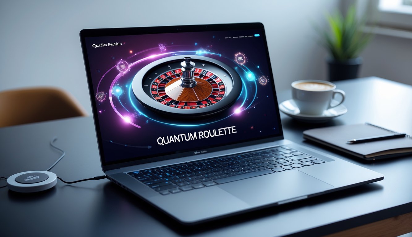 Seseorang menggunakan komputer dengan tampilan roda roulette online yang berputar di layar dalam suasana ruang kerja yang rapi dan terang.