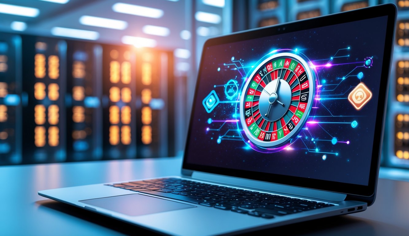 Layar laptop menampilkan permainan roulette online dengan latar belakang server yang stabil dan terang.