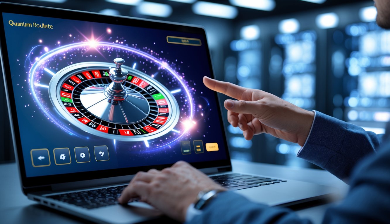 Seorang pria menggunakan laptop dengan tampilan roda roulette digital dan latar belakang ruang server yang modern.