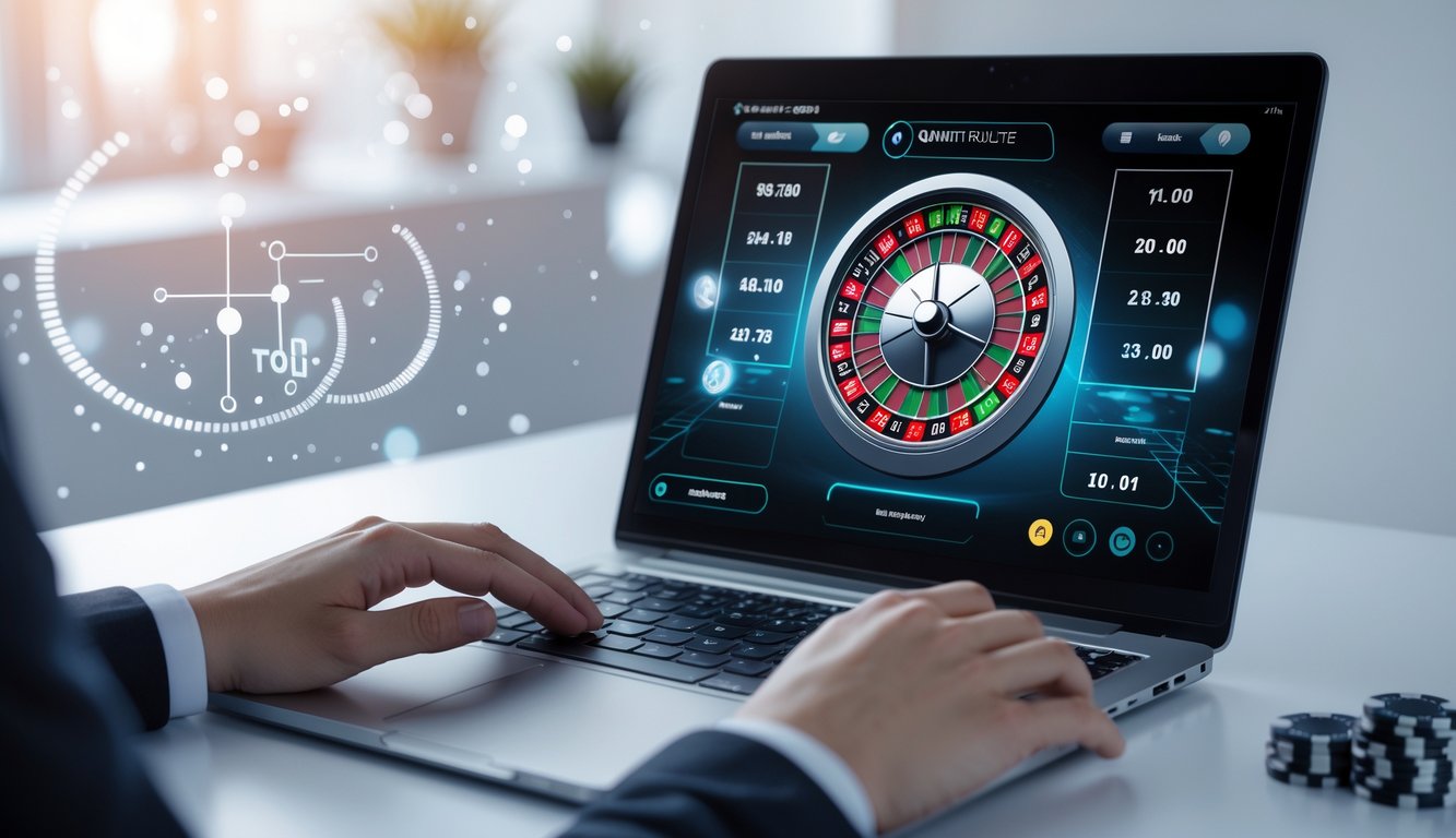 Seseorang menggunakan laptop dengan tampilan permainan quantum roulette online di layar dalam suasana ruang kerja yang bersih dan terang.