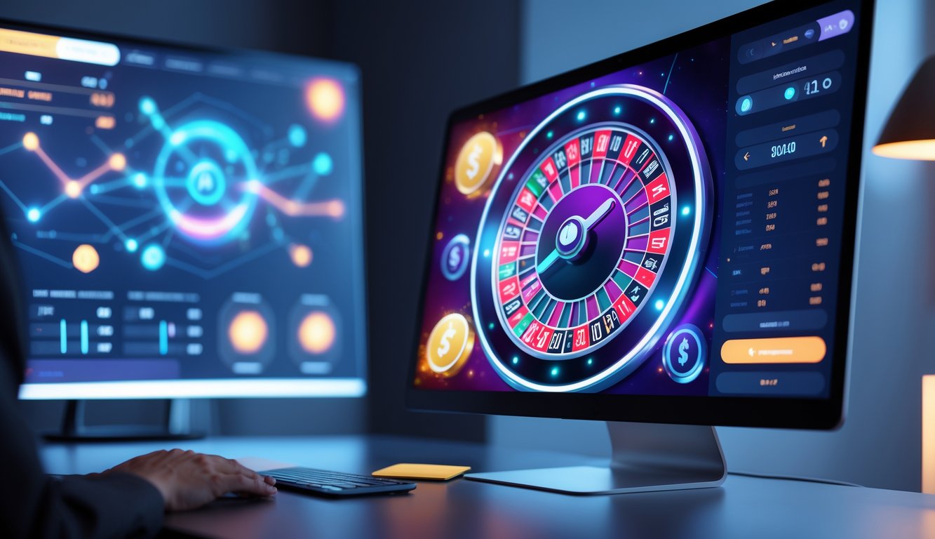Tampilan layar komputer dengan permainan quantum roulette online dan lingkungan kerja modern.