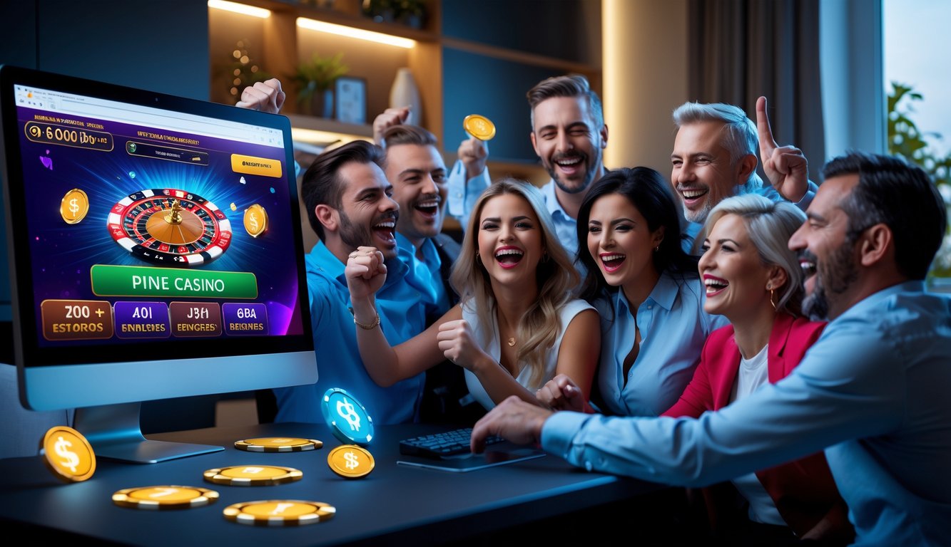 Sekelompok orang bahagia merayakan kemenangan besar di depan komputer dengan permainan kartu online di ruang kerja modern.