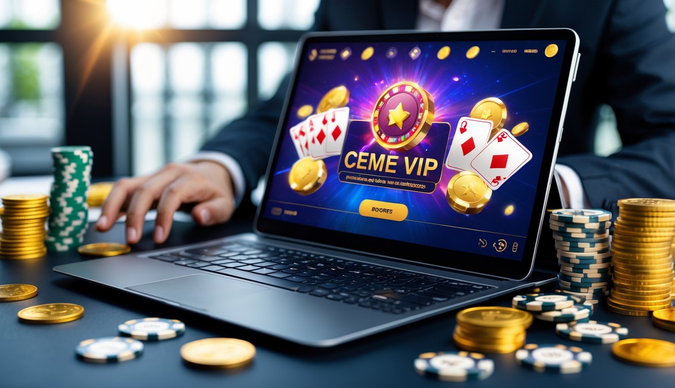 Seseorang menggunakan laptop dengan tampilan permainan kartu online dan tumpukan chip poker di meja.
