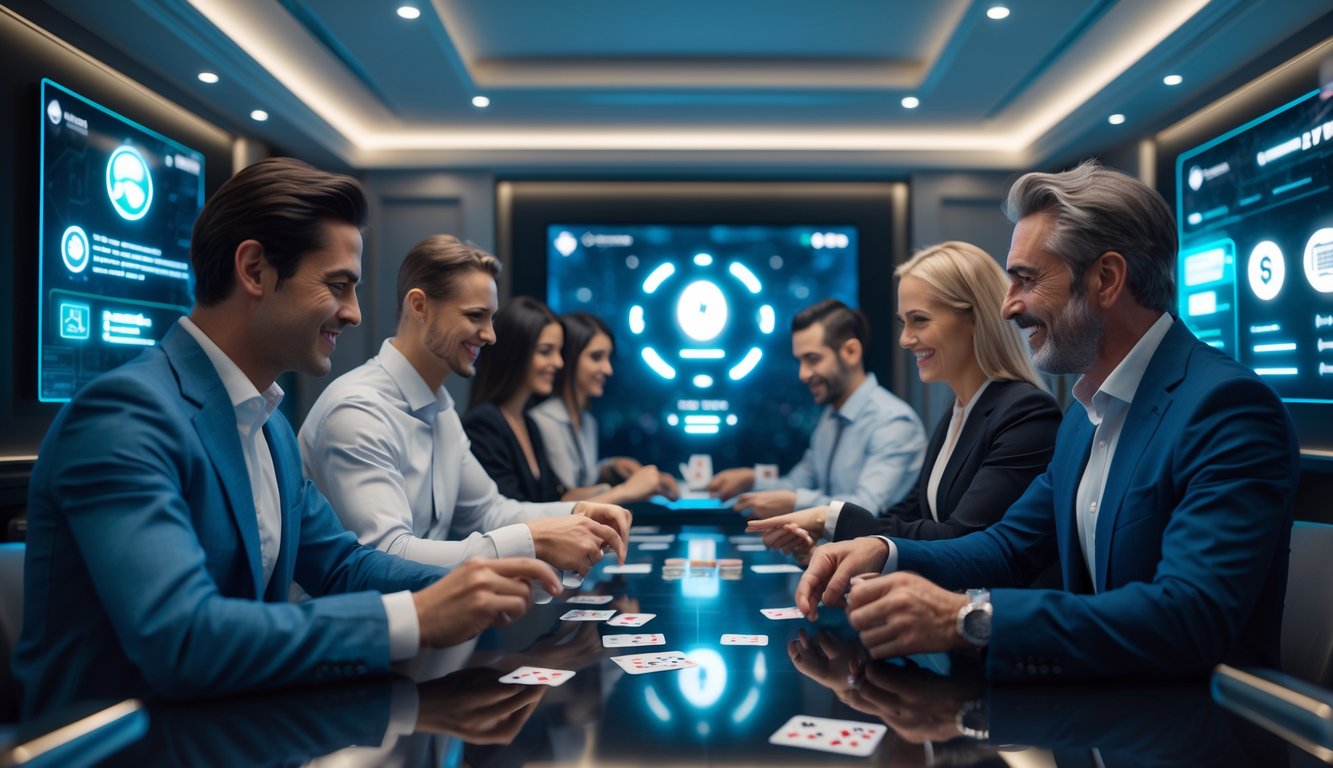 Sekelompok orang dewasa sedang bermain kartu di meja dengan latar belakang layar digital yang menunjukkan elemen permainan online dan transaksi aman.