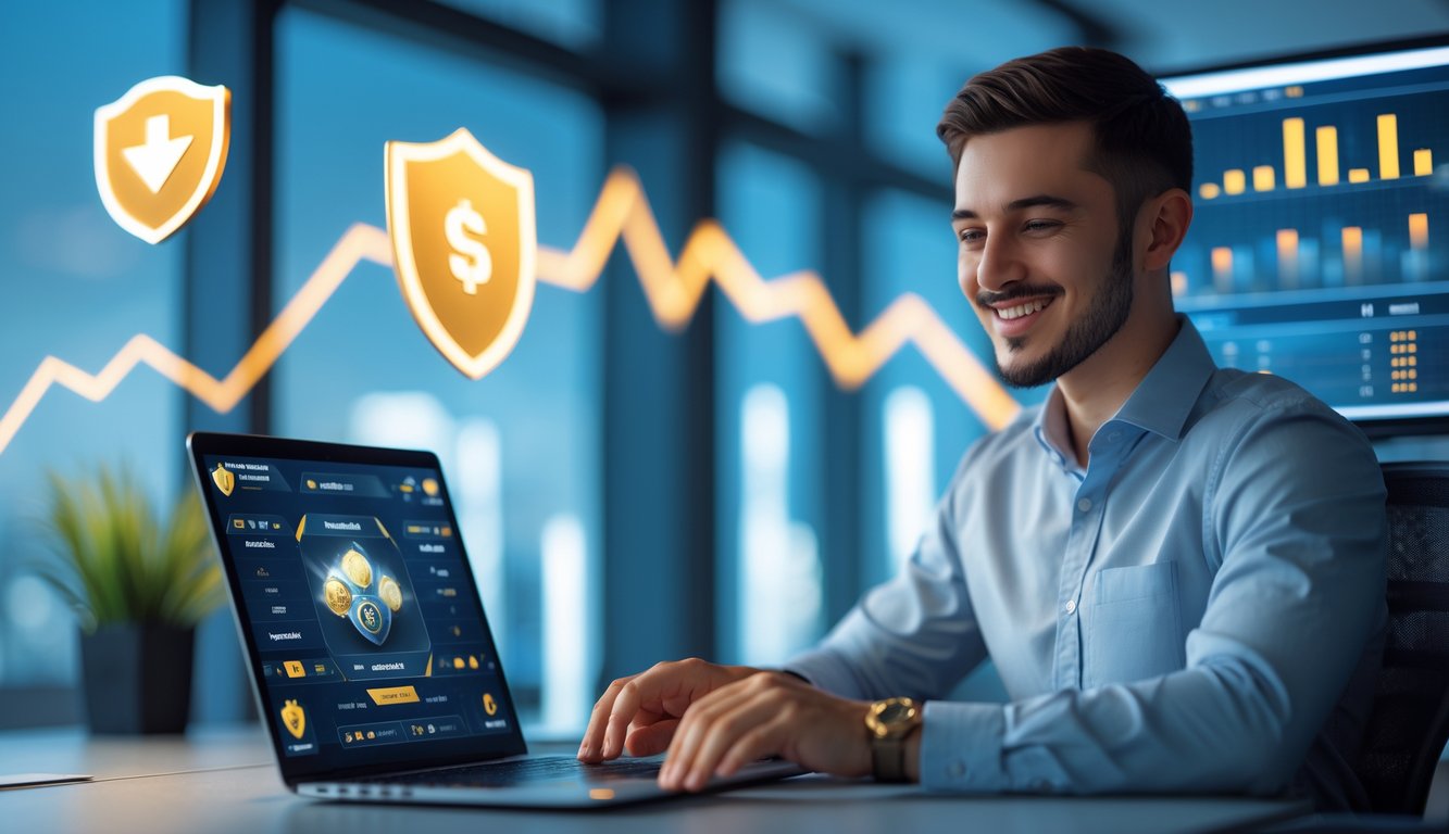 Seorang pria muda duduk di meja modern dengan laptop yang menampilkan permainan kartu digital, di kantor yang terang dan rapi, menunjukkan ekspresi puas dan suasana profesional.