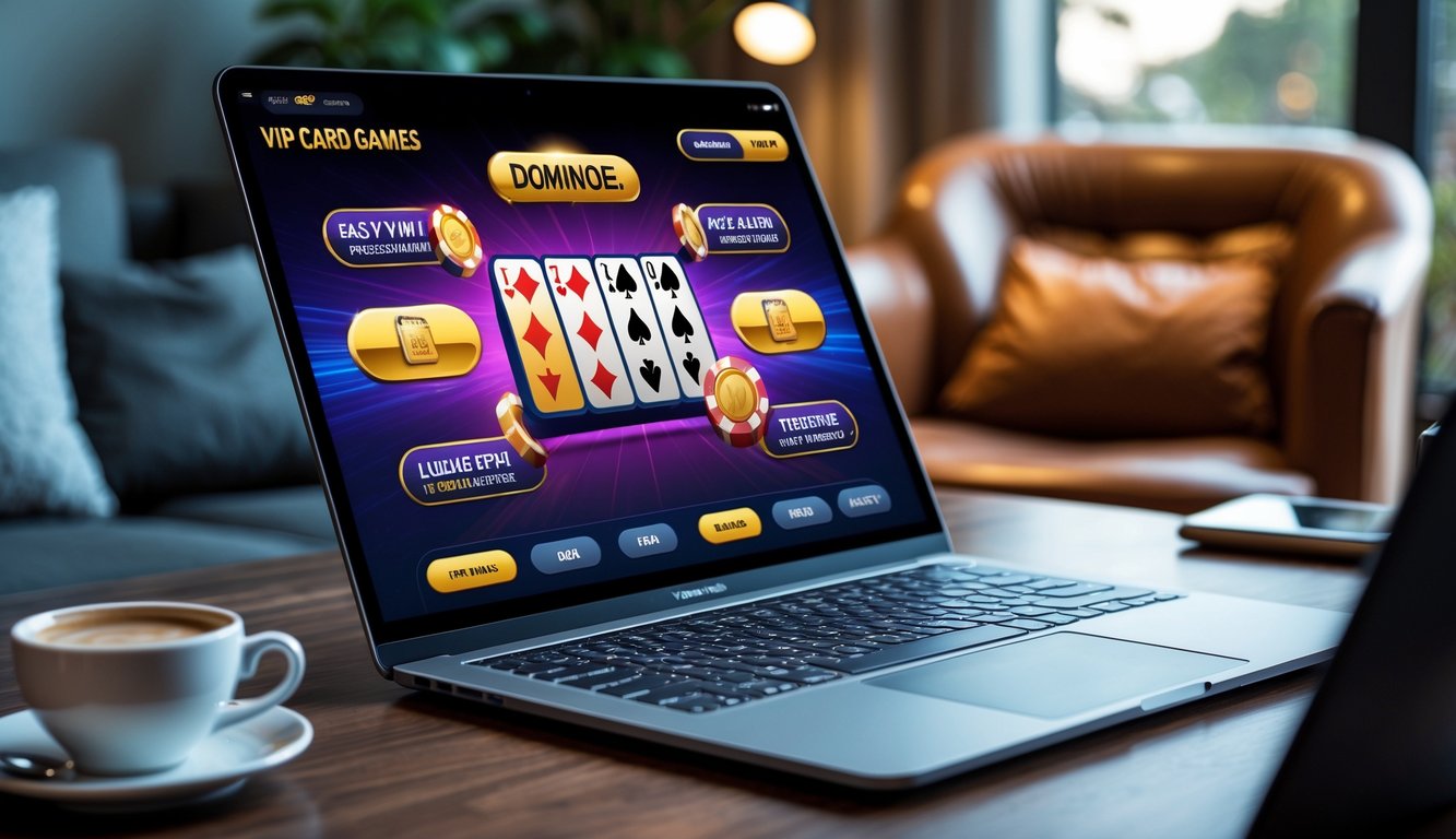 Seorang pria menggunakan laptop di meja dengan permainan kartu digital di layar di ruangan yang nyaman dan terang.