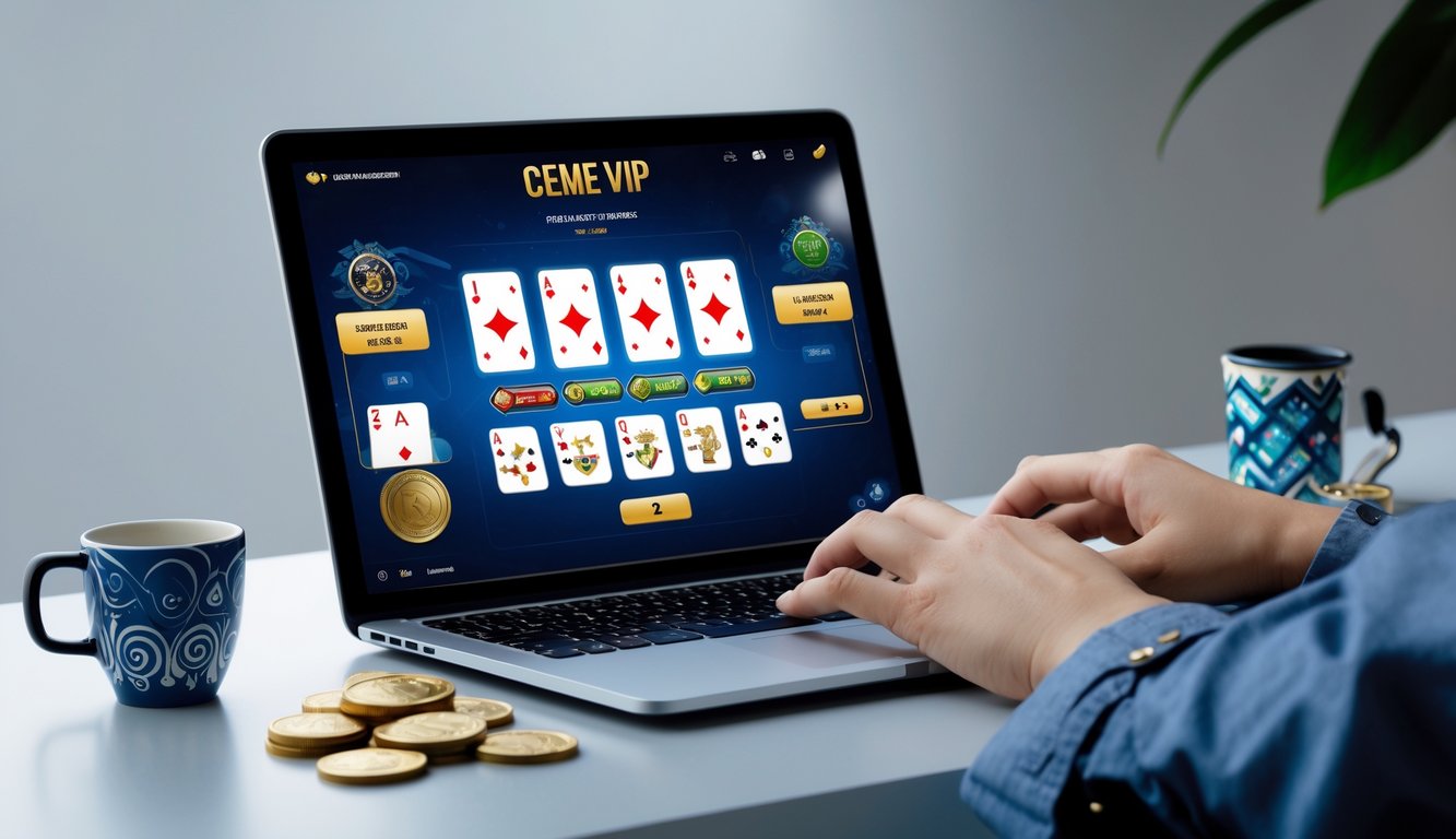 Seseorang menggunakan laptop dengan tampilan permainan kartu Ceme VIP online, di meja kerja yang rapi dengan beberapa koin di samping laptop.