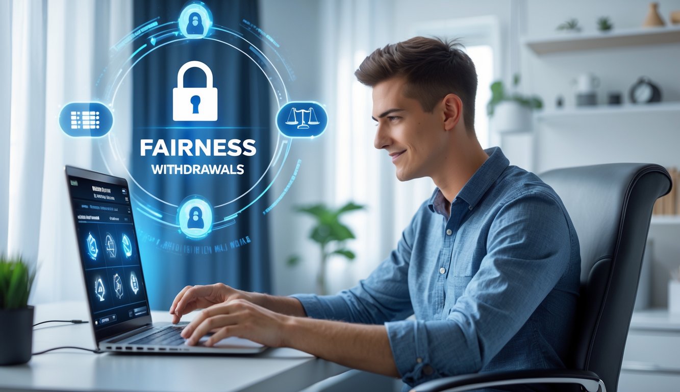 Seorang dewasa muda duduk di meja modern menggunakan laptop dengan tampilan permainan online di layar, di ruang kerja rumah yang rapi dan terang.