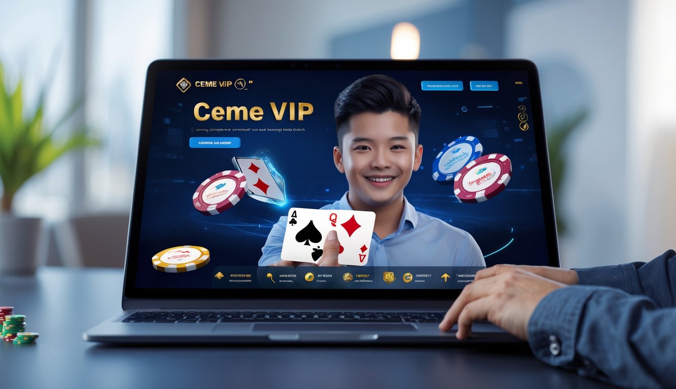 Seorang pria muda sedang bermain permainan kartu online di laptop dengan suasana modern dan elemen digital yang menunjukkan transaksi cepat dan permainan yang adil.