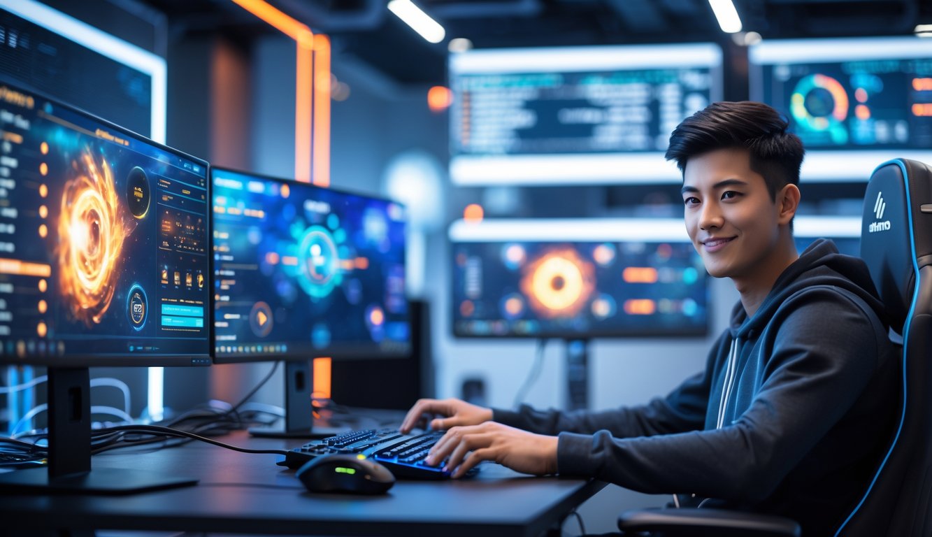 Seorang pria muda duduk di meja dengan beberapa monitor yang menampilkan antarmuka game dan status server yang stabil, di lingkungan kantor modern yang berteknologi tinggi.
