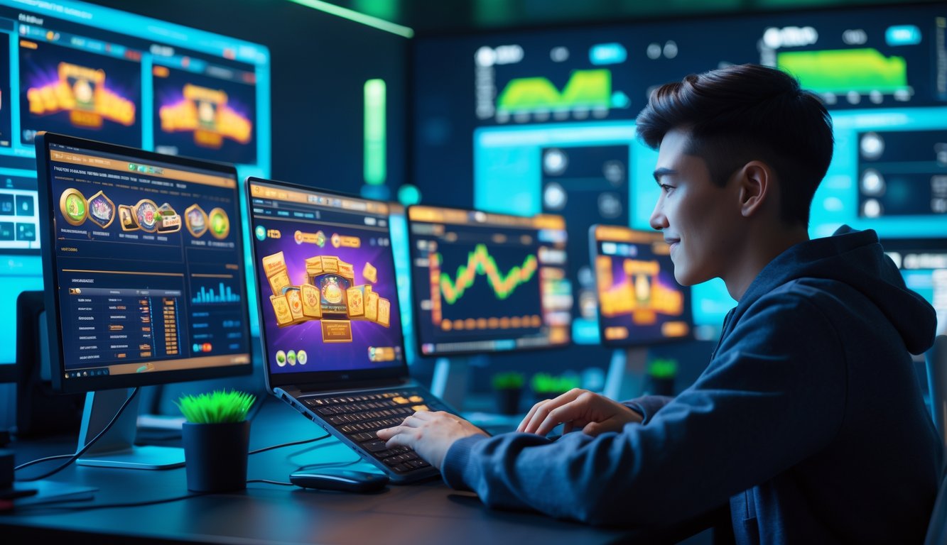 Seorang dewasa muda sedang bermain game kartu online di depan laptop dengan beberapa layar komputer menampilkan permainan dan grafik server yang stabil.