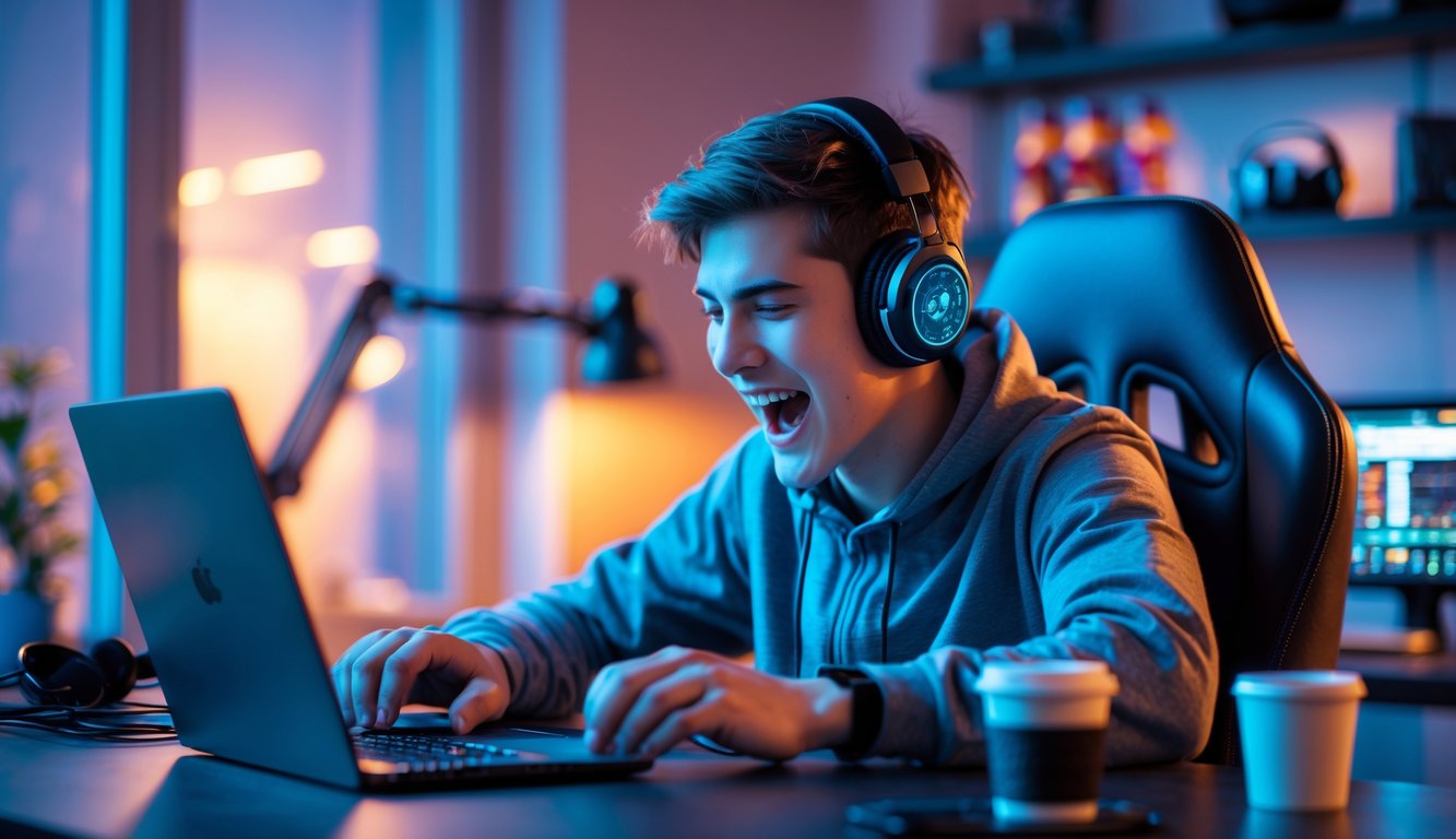 Seorang pria muda sedang bermain game kartu online dengan fokus di depan laptop di meja modern.