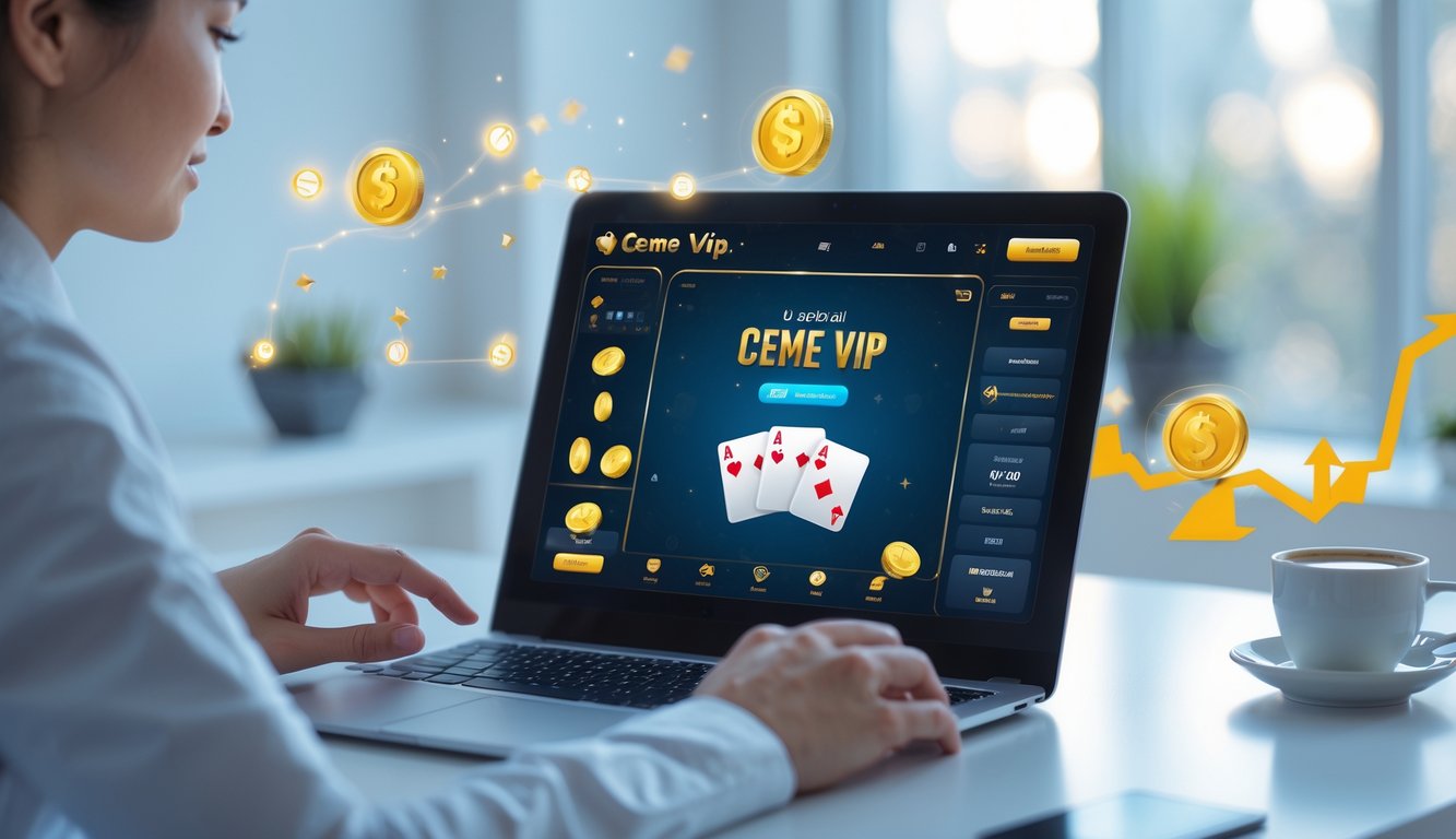 Seseorang menggunakan laptop di meja kerja dengan tampilan permainan kartu online dan simbol cashback di latar belakang.