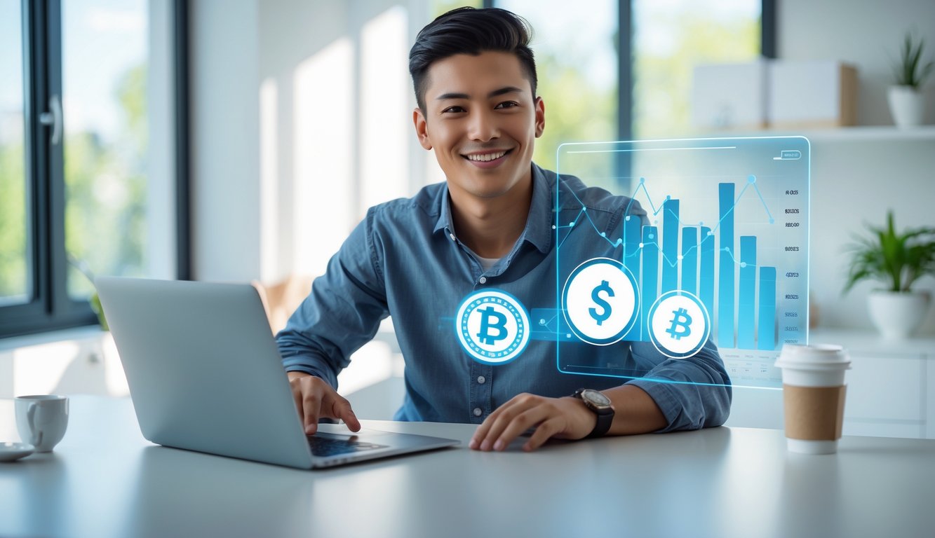Seorang dewasa muda duduk di meja dengan laptop, tersenyum sambil melihat grafik keuangan dan ikon transaksi aman di layar.