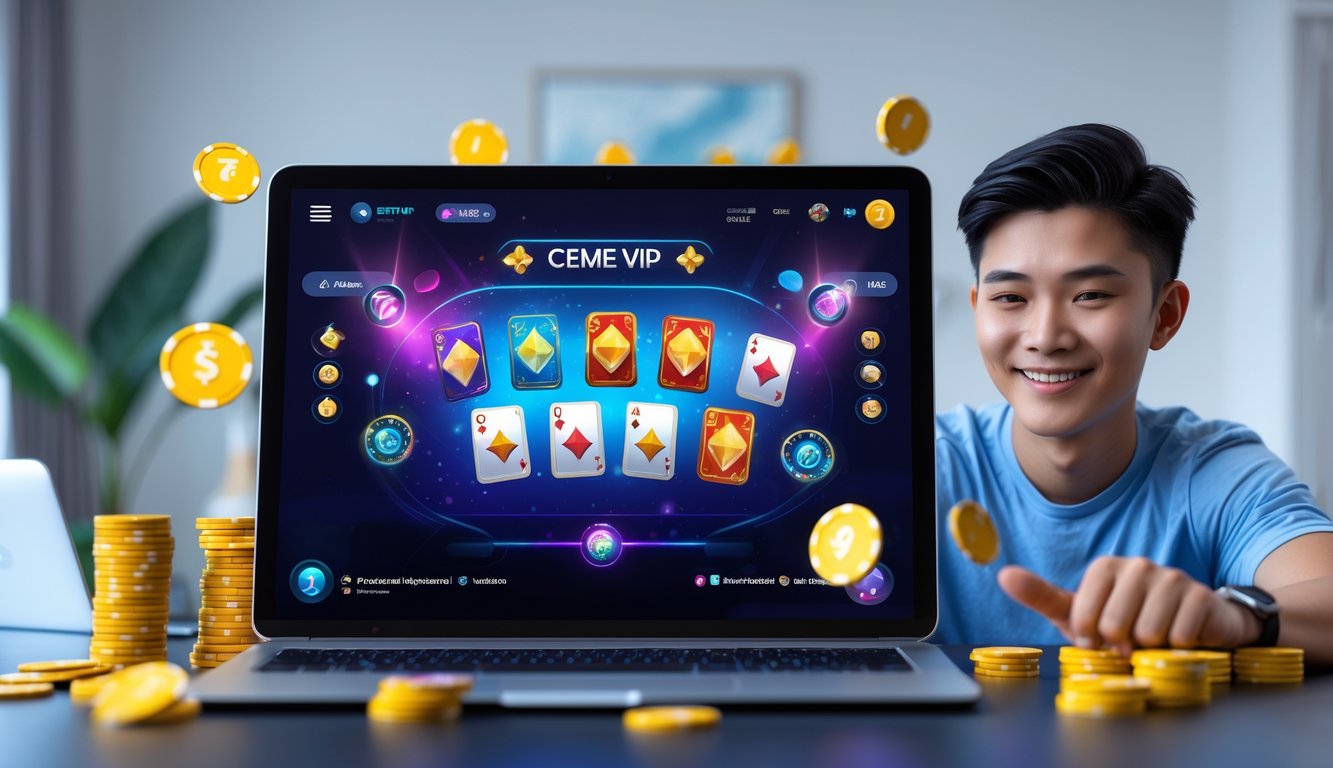 Seorang dewasa muda sedang bermain permainan kartu Ceme VIP secara online dengan ekspresi senang di depan laptop di ruangan yang terang dan rapi.