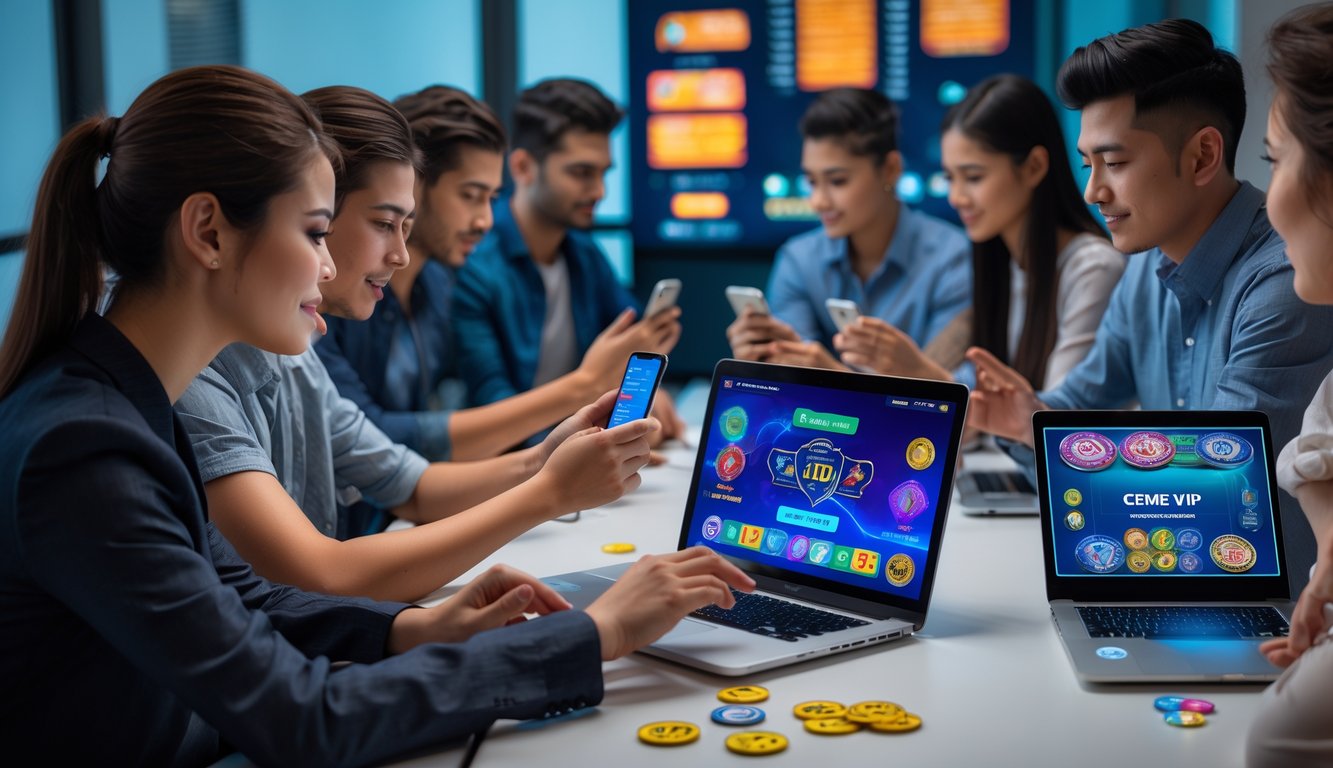 Sekelompok orang muda sedang bermain judi online Ceme VIP menggunakan ponsel dan laptop di sebuah ruangan modern.