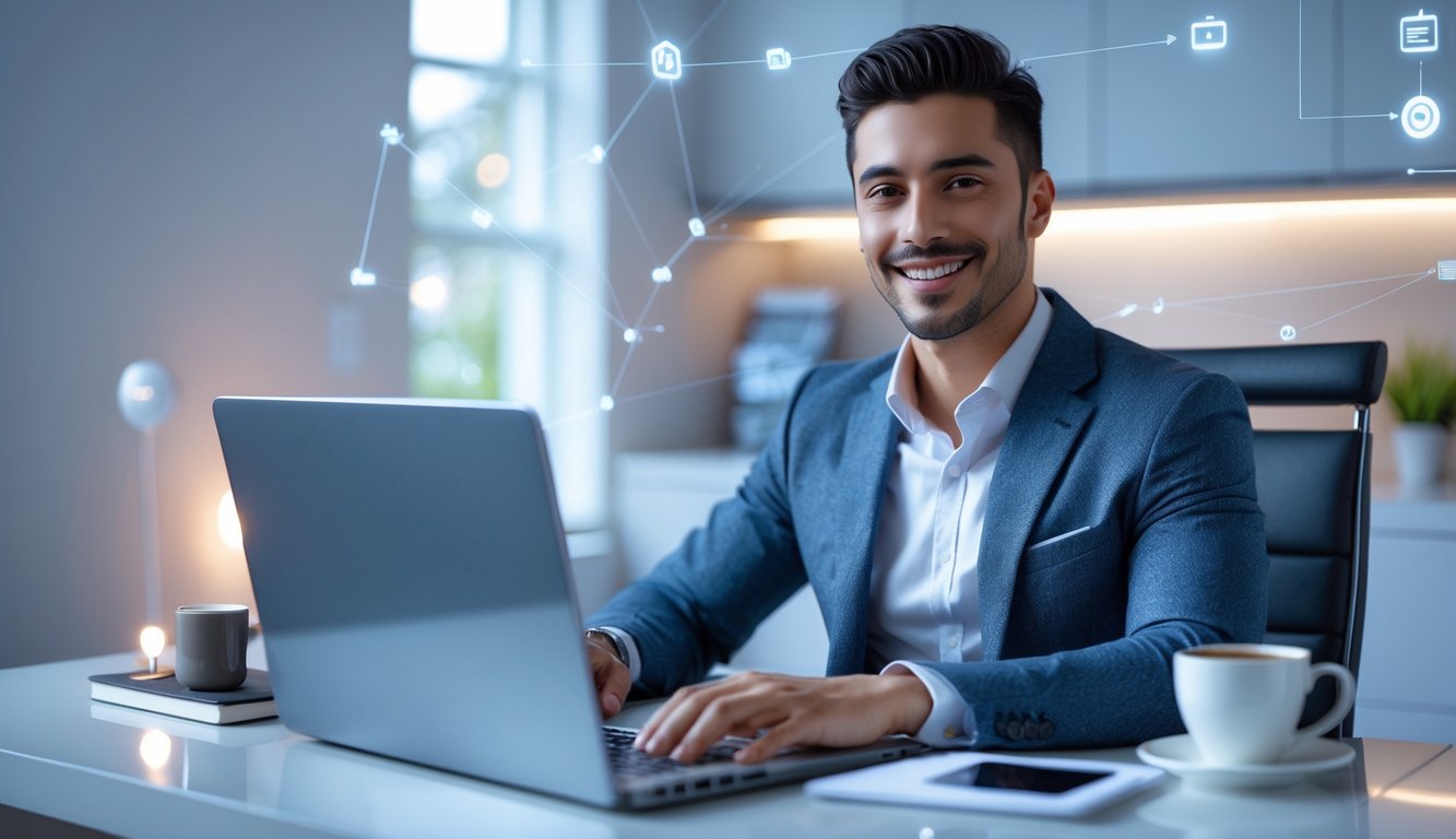 Seorang pria muda berpakaian rapi duduk di depan laptop di ruang kerja modern dengan pencahayaan lembut, menunjukkan ekspresi percaya diri dan puas.
