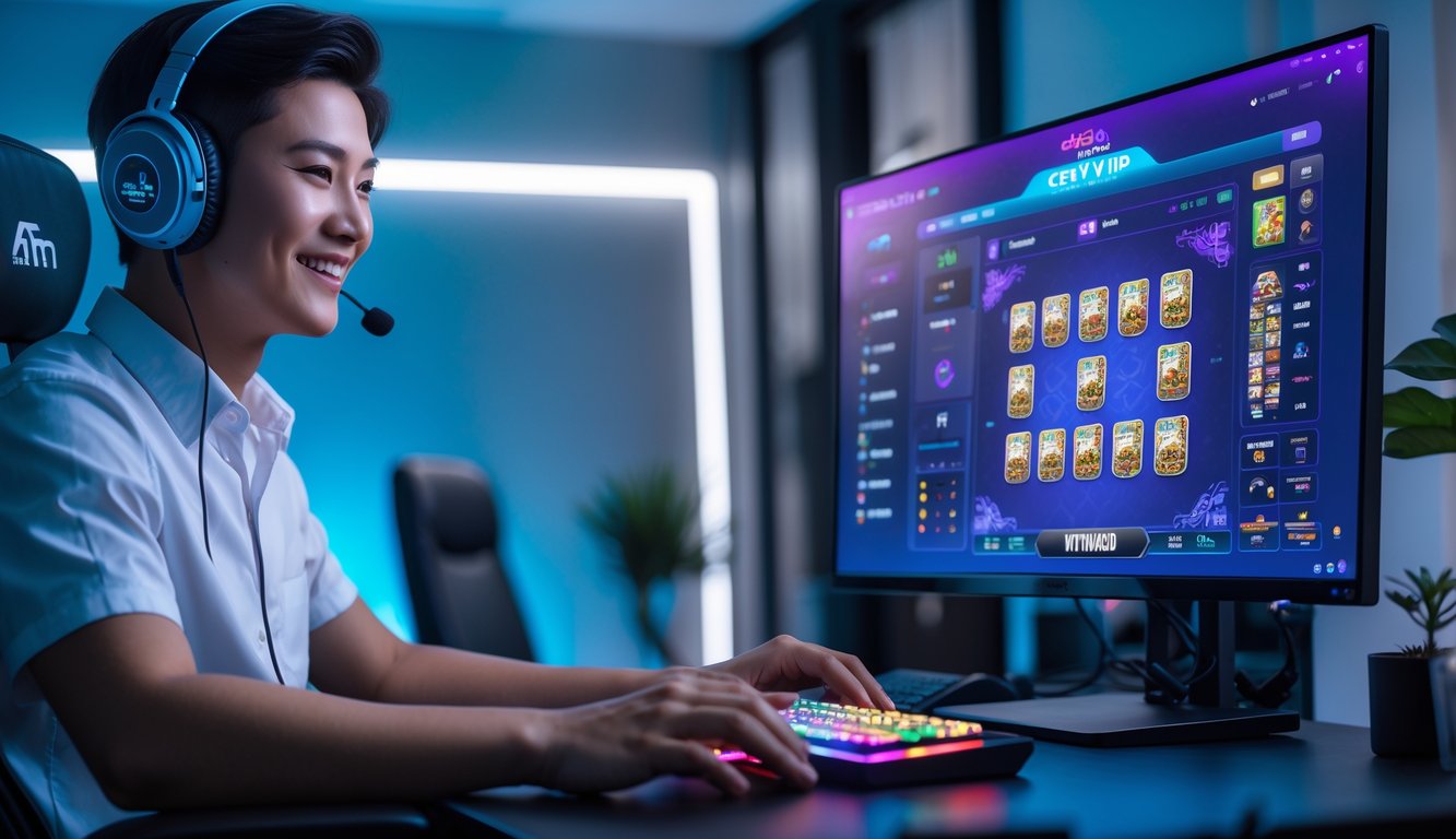 Seseorang yang sedang bermain permainan kartu online di komputer dengan suasana ruangan yang modern dan nyaman.