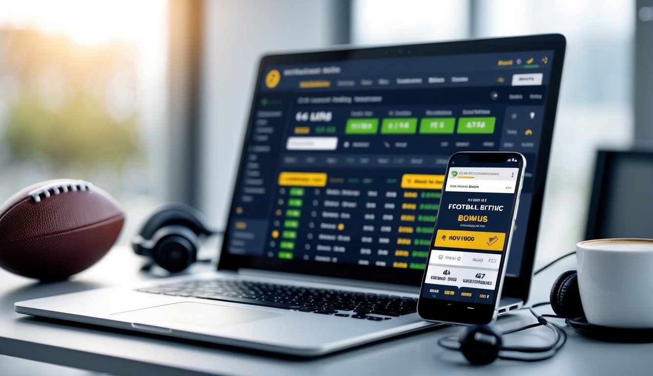 Seseorang menggunakan laptop dan smartphone untuk taruhan sepak bola online dengan bola kecil dan cangkir kopi di meja.