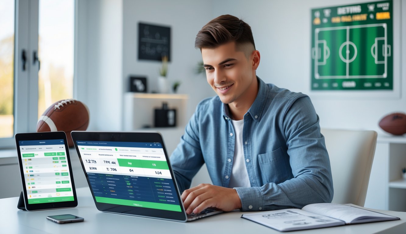 Seorang pria muda duduk di meja dengan laptop dan perangkat digital, fokus pada layar yang menampilkan statistik dan peluang taruhan sepak bola.