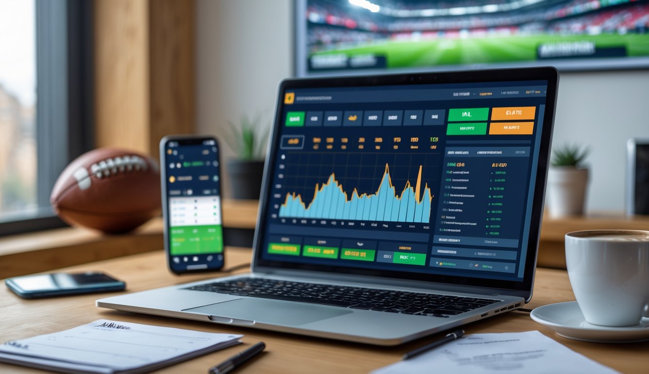 Meja kerja dengan laptop yang menampilkan data taruhan sepak bola, ponsel dengan pembaruan pertandingan, dan bola sepak di latar belakang.