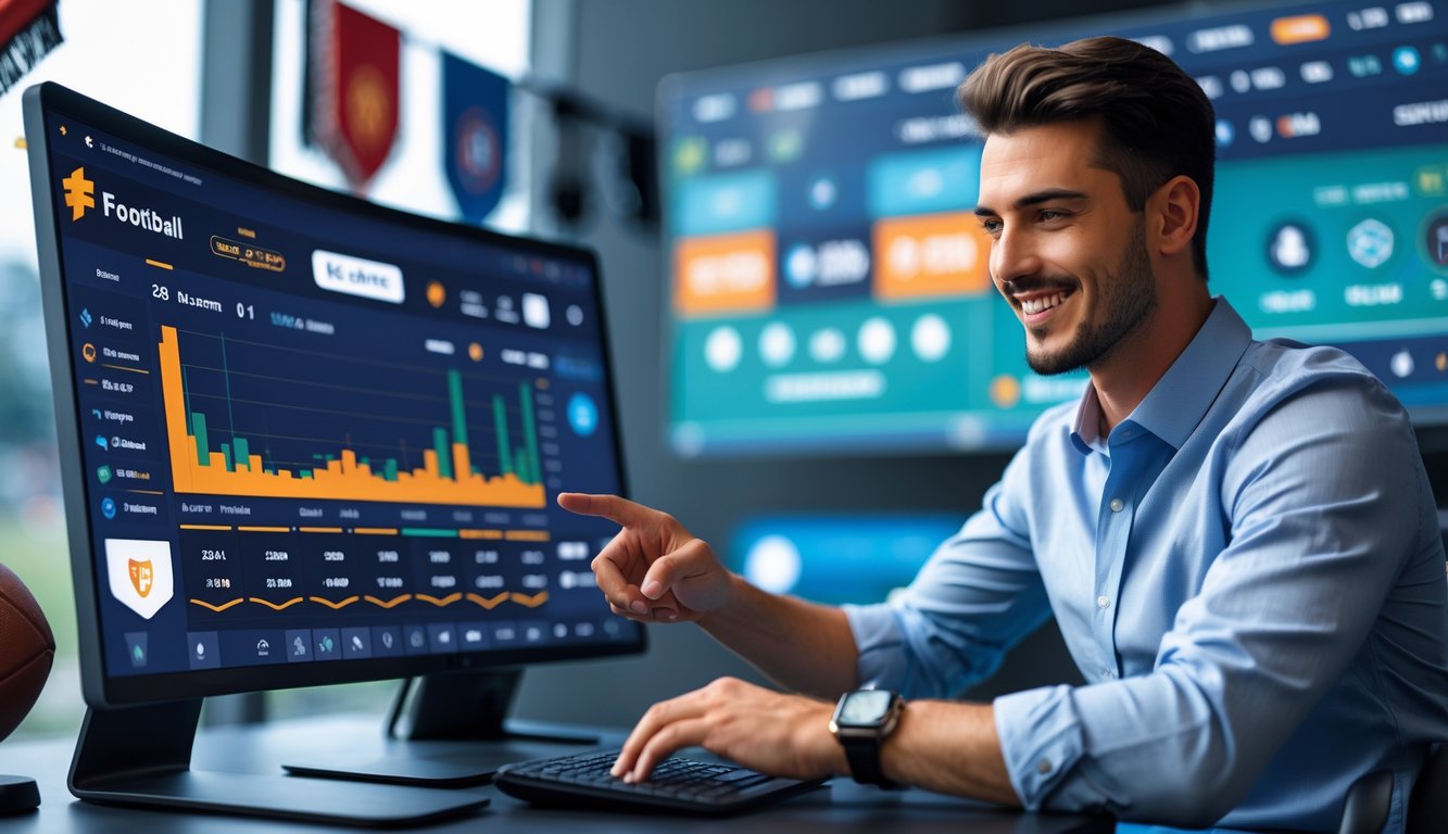 Seorang dewasa muda sedang menggunakan komputer dengan tampilan taruhan sepak bola online di ruang kerja modern.