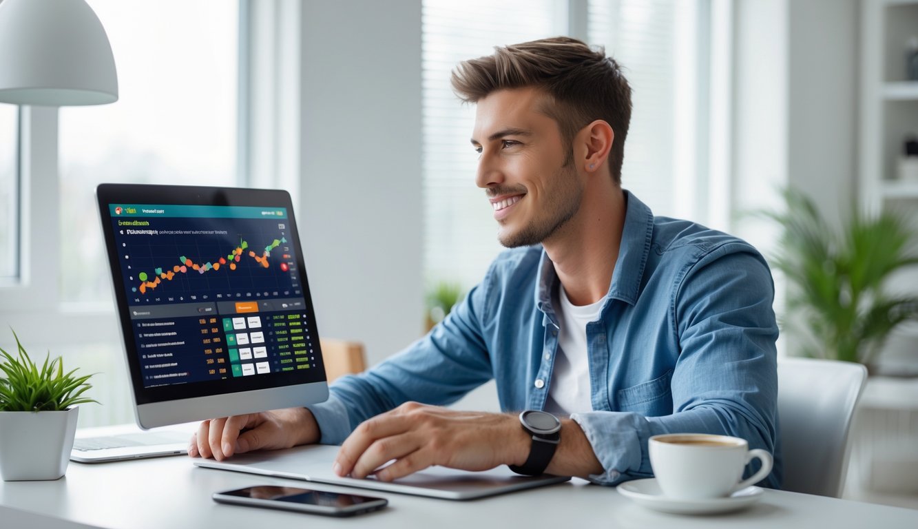 Seorang pria muda duduk di meja dengan laptop menampilkan situs taruhan sepak bola online, terlihat fokus dan tersenyum di ruang kerja rumah yang terang.