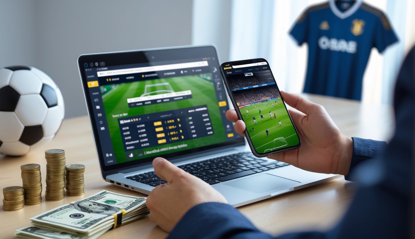 Seseorang menggunakan laptop dan ponsel untuk taruhan sepak bola online dengan uang di meja.